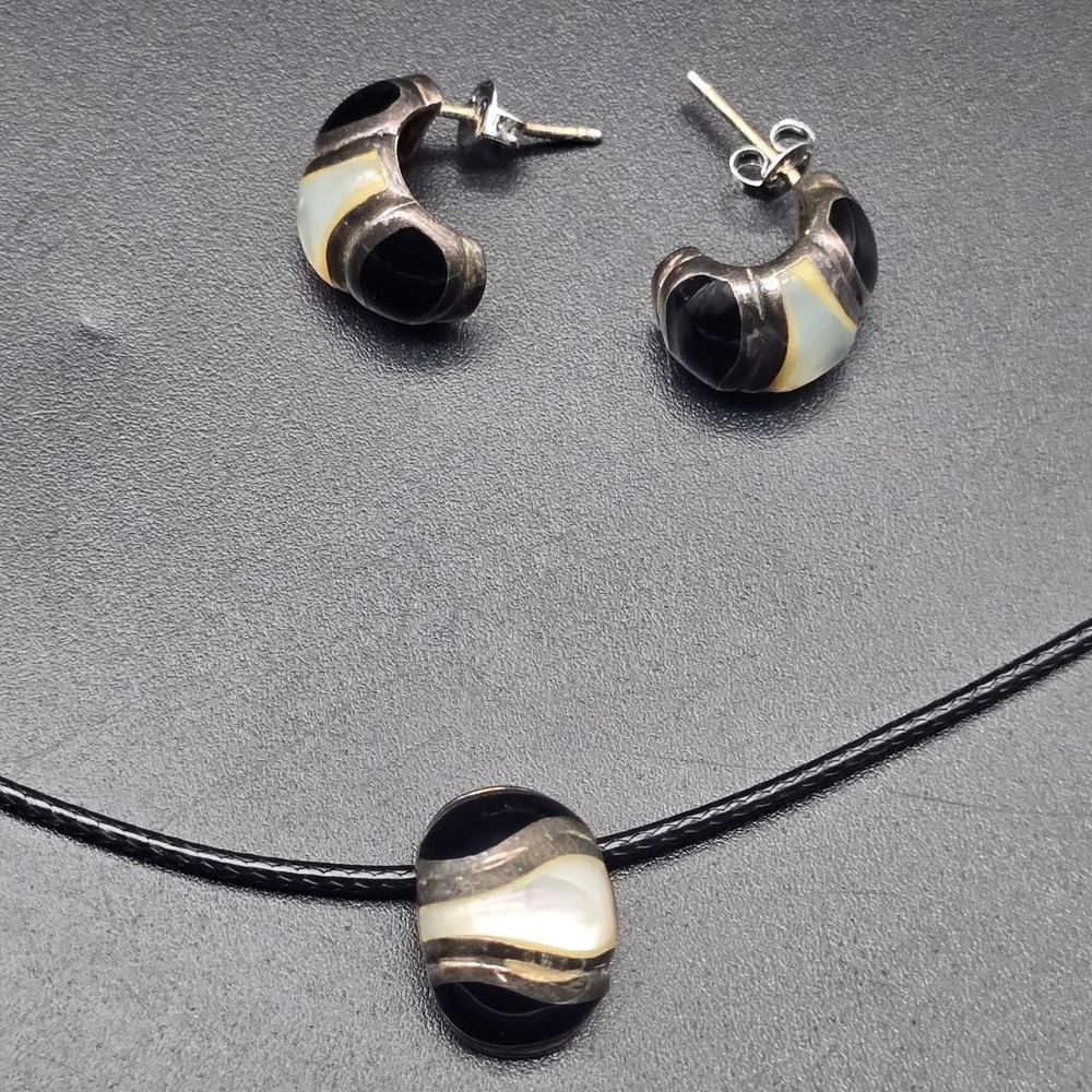 RPJ Sterling Silver Mother of Pearl Earrings Necklace Set 925 Black Onyx